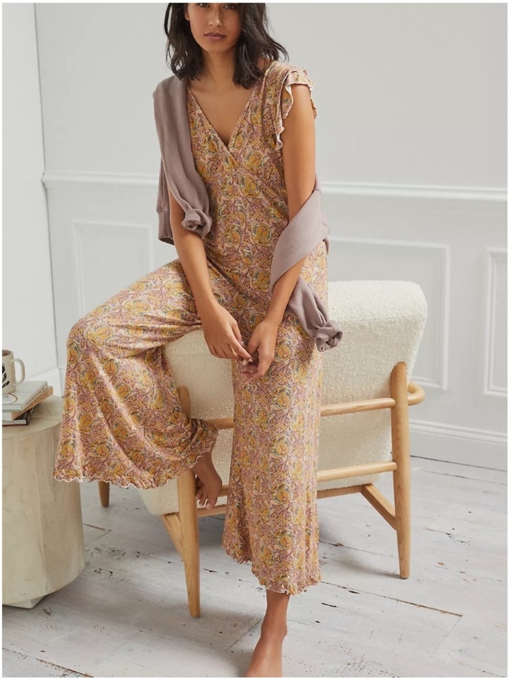New Anthropologie Paisley Floral Ruffle Wide Leg Jumpsuit Medium Cottage Boho